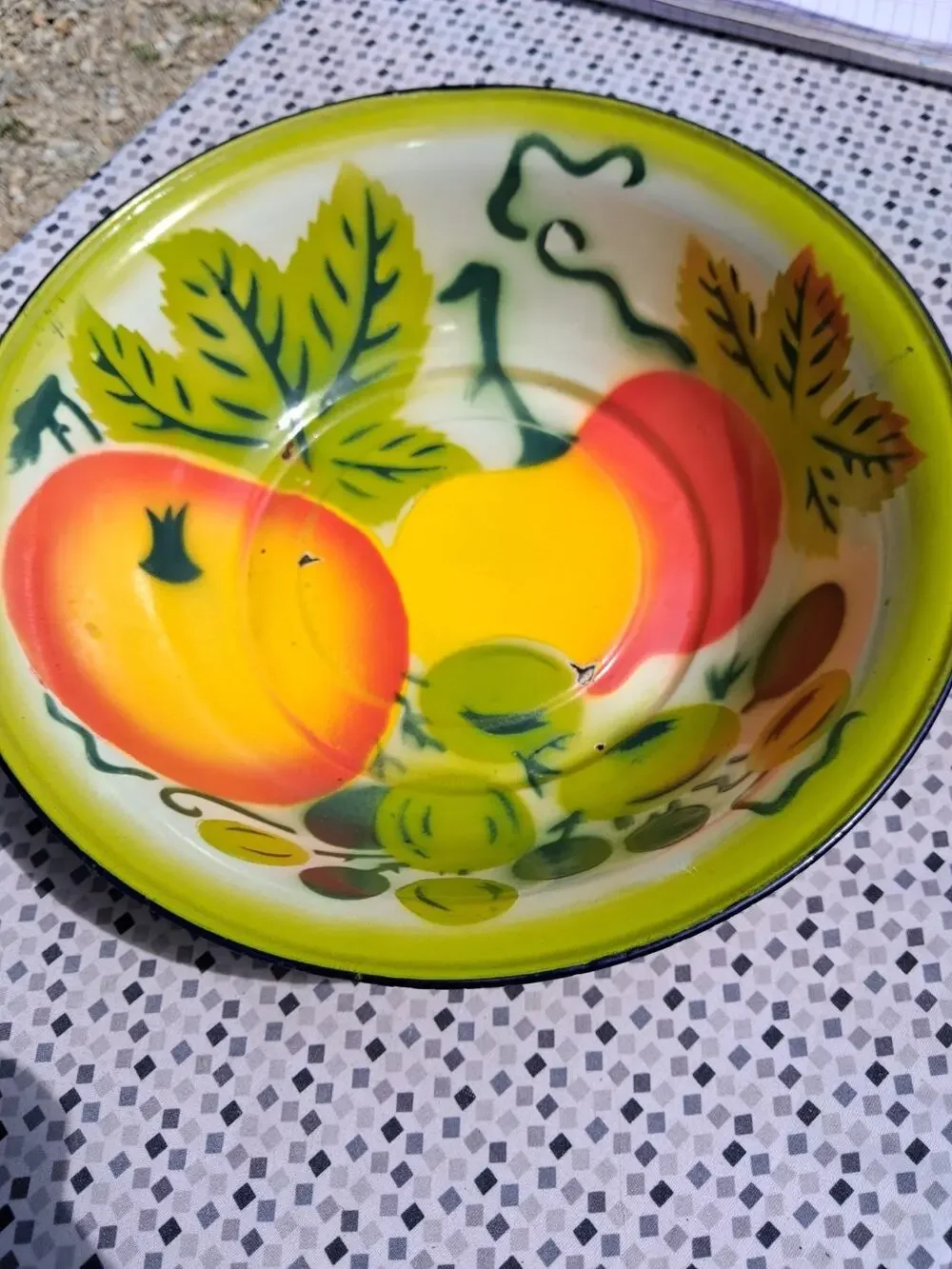 Vintage Enamelware Harvest Fruit Bowl 12